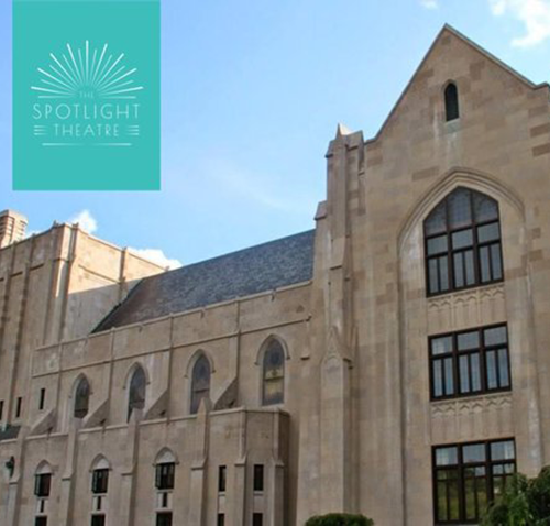 Exterior of the Spotlight Theatre, a striking building that looks like a cathedral